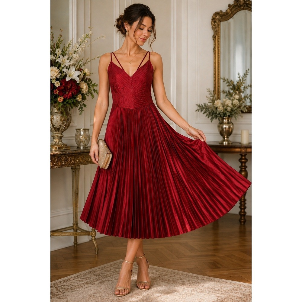 Label Ritu Kumar Pleated Midi Dress Womens S Red V-Neck Strappy Cocktail Party
